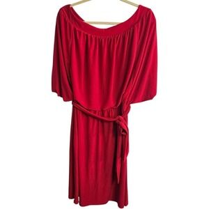 JFW Red Dress Plus Size 1X Cold Shoulder Sleeve Belted Midi Cocktail‎ Stretch ~